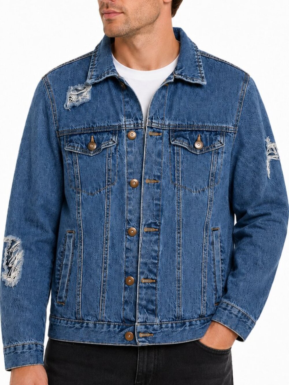 Forever 21 Men Medium Distressed Denim Jean Trucker Jacket Blue Cotton